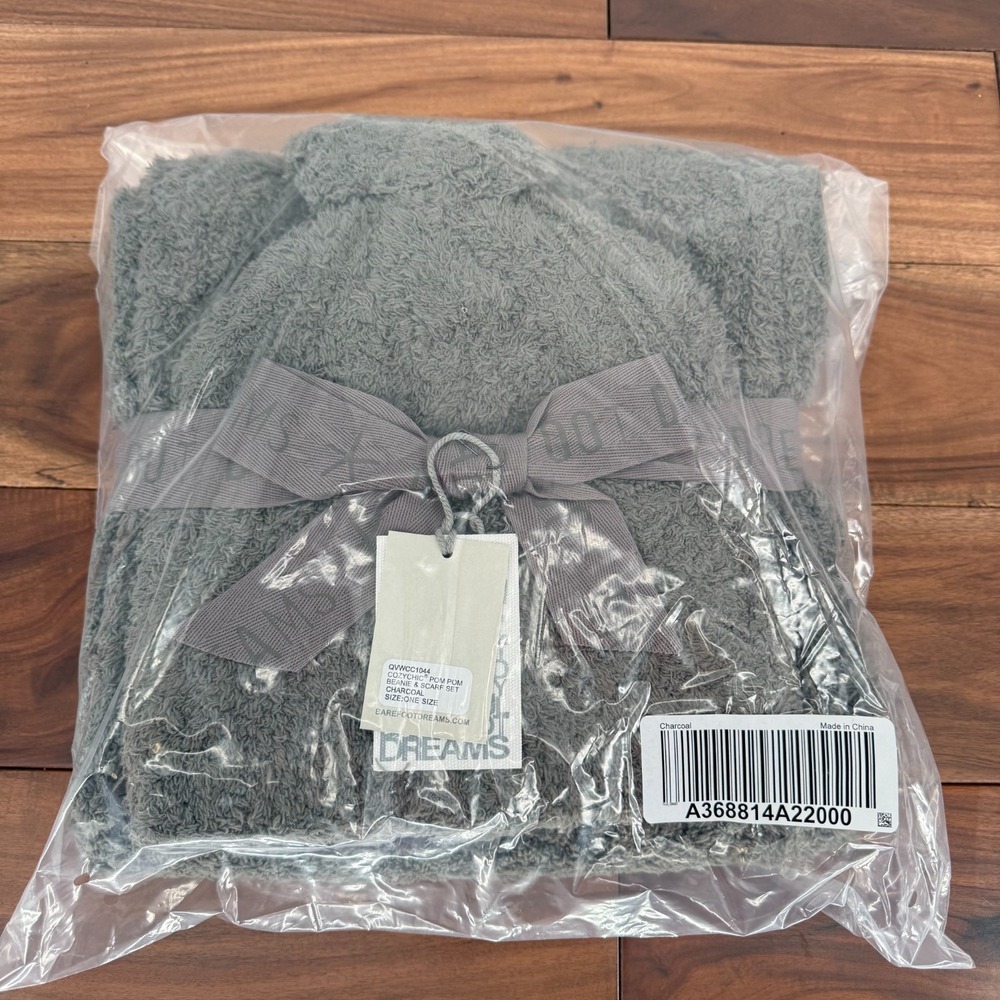 Barefoot Dreams CozyChic Pom Pom Beanie & Scarf Set Women Charcoal Winter Warmer - Picture 2 of 5